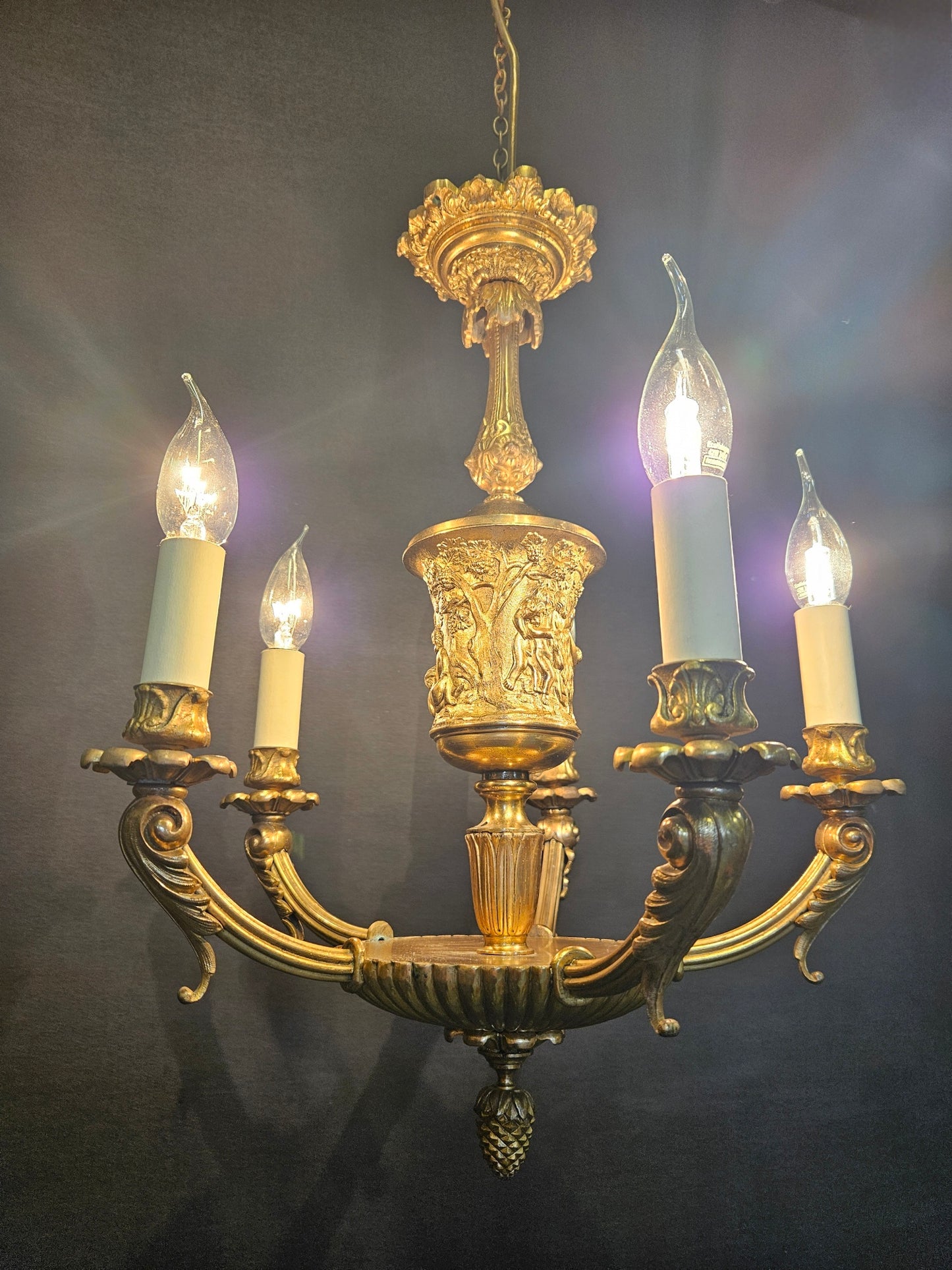 5-Arm Gilt Brass Empire-Style Chandelier, CA. 1920