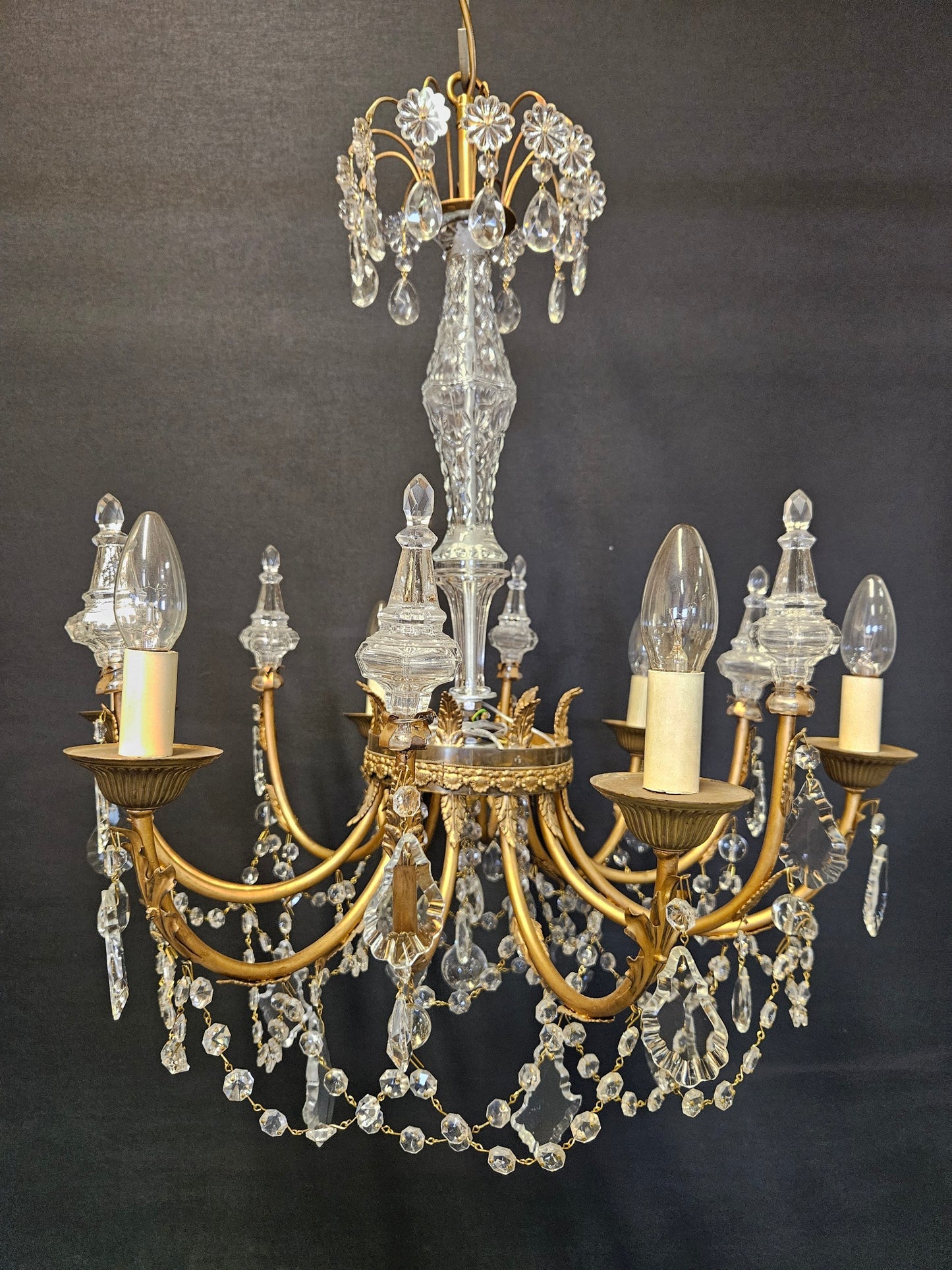 Pair of 6-Arm Brass & Glass Chandeliers CA, 1950