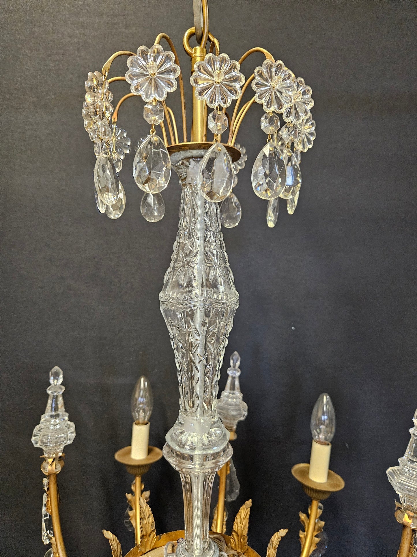 Pair of 6-Arm Brass & Glass Chandeliers CA, 1950