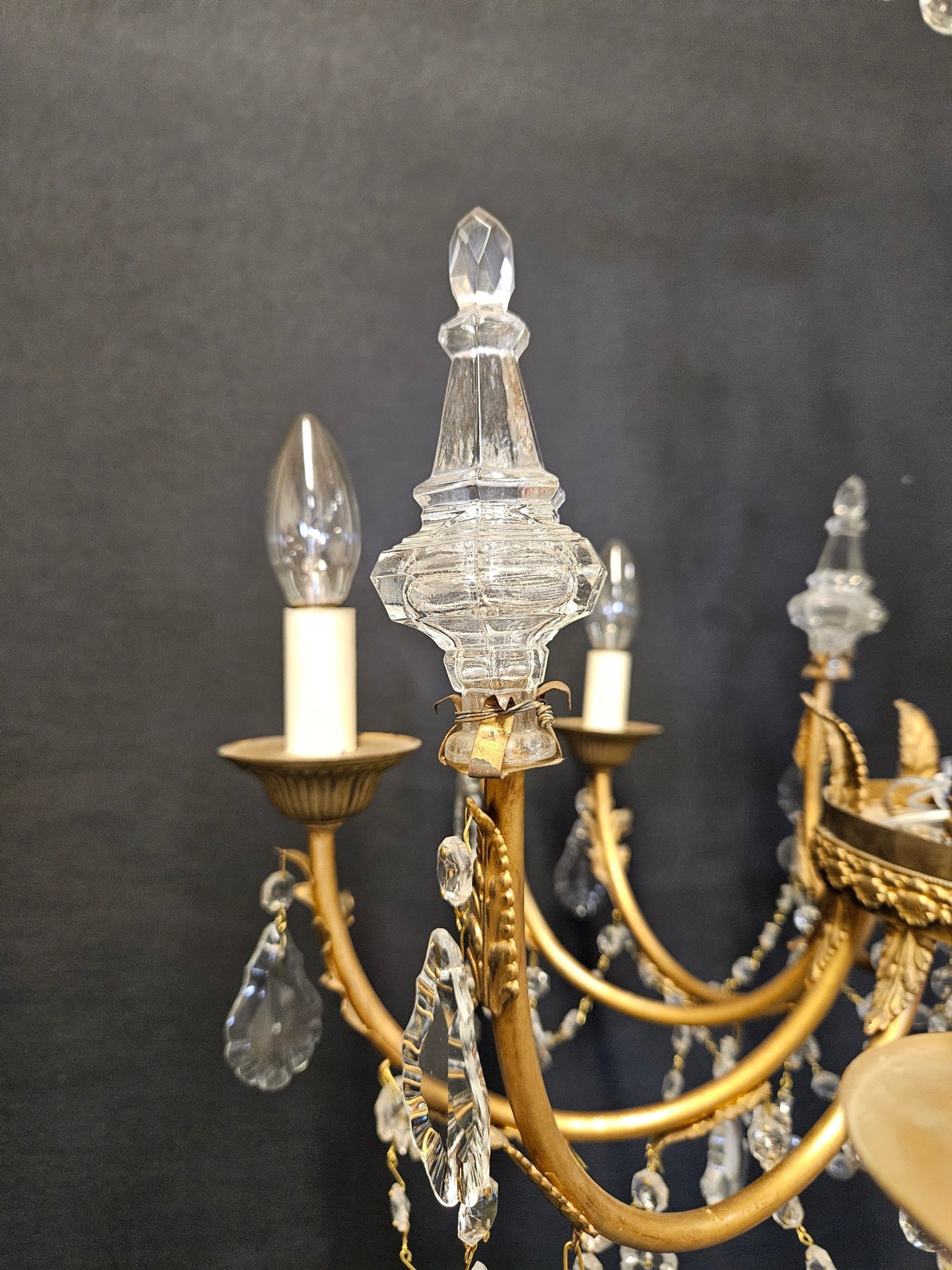 Pair of 6-Arm Brass & Glass Chandeliers CA, 1950