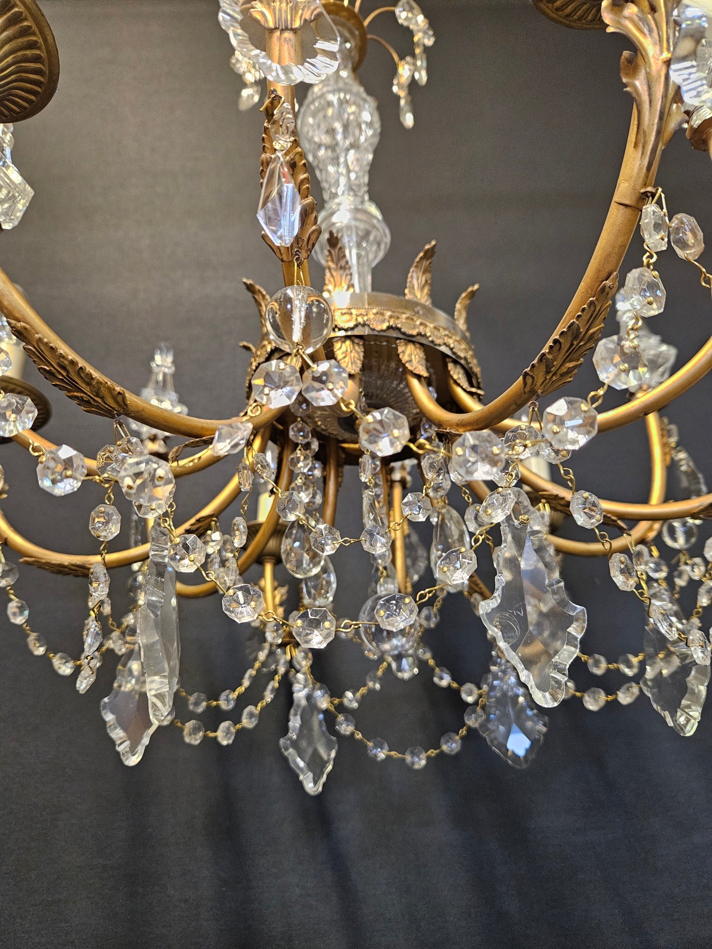 Pair of 6-Arm Brass & Glass Chandeliers CA, 1950