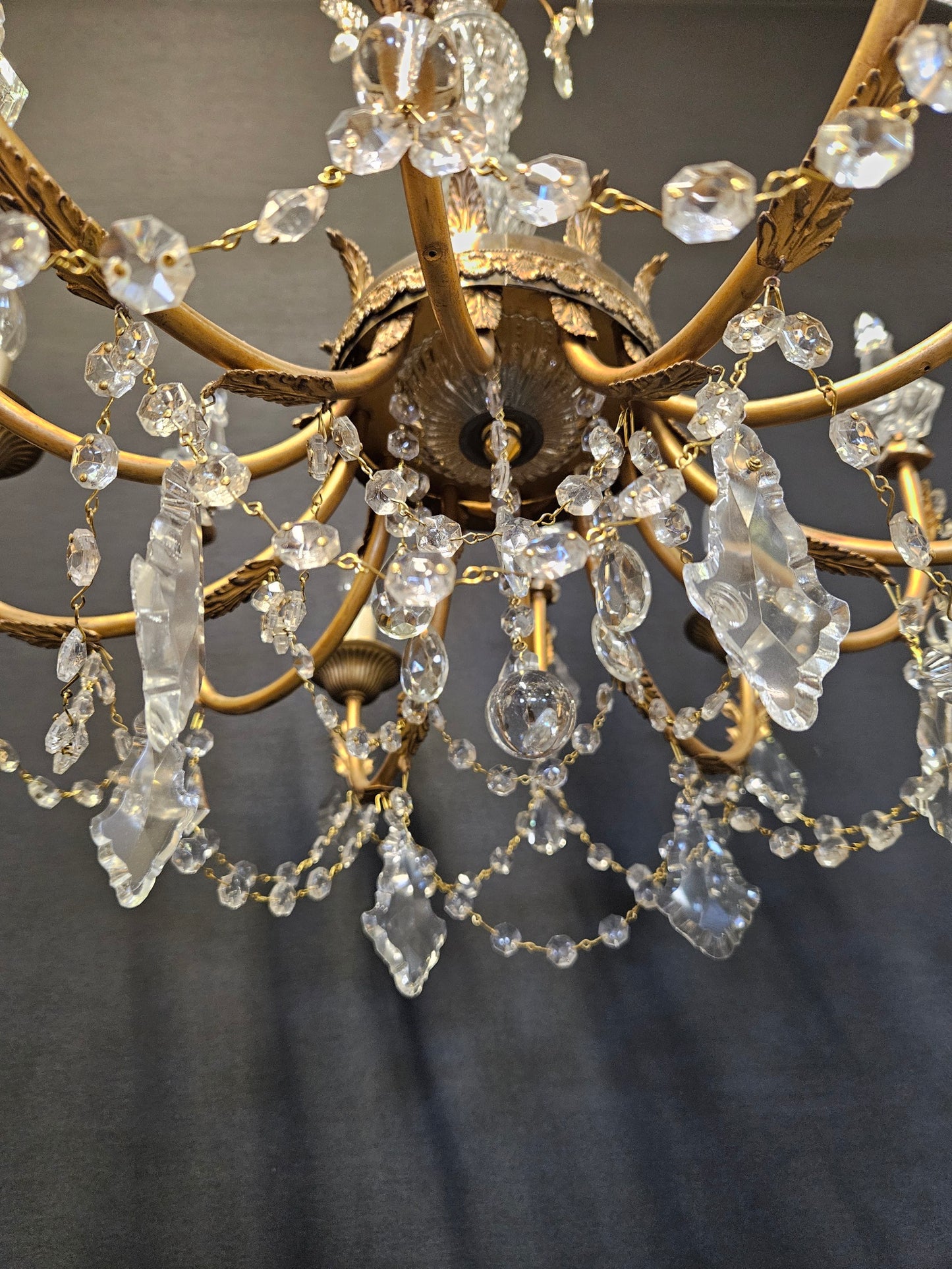 Pair of 6-Arm Brass & Glass Chandeliers CA, 1950