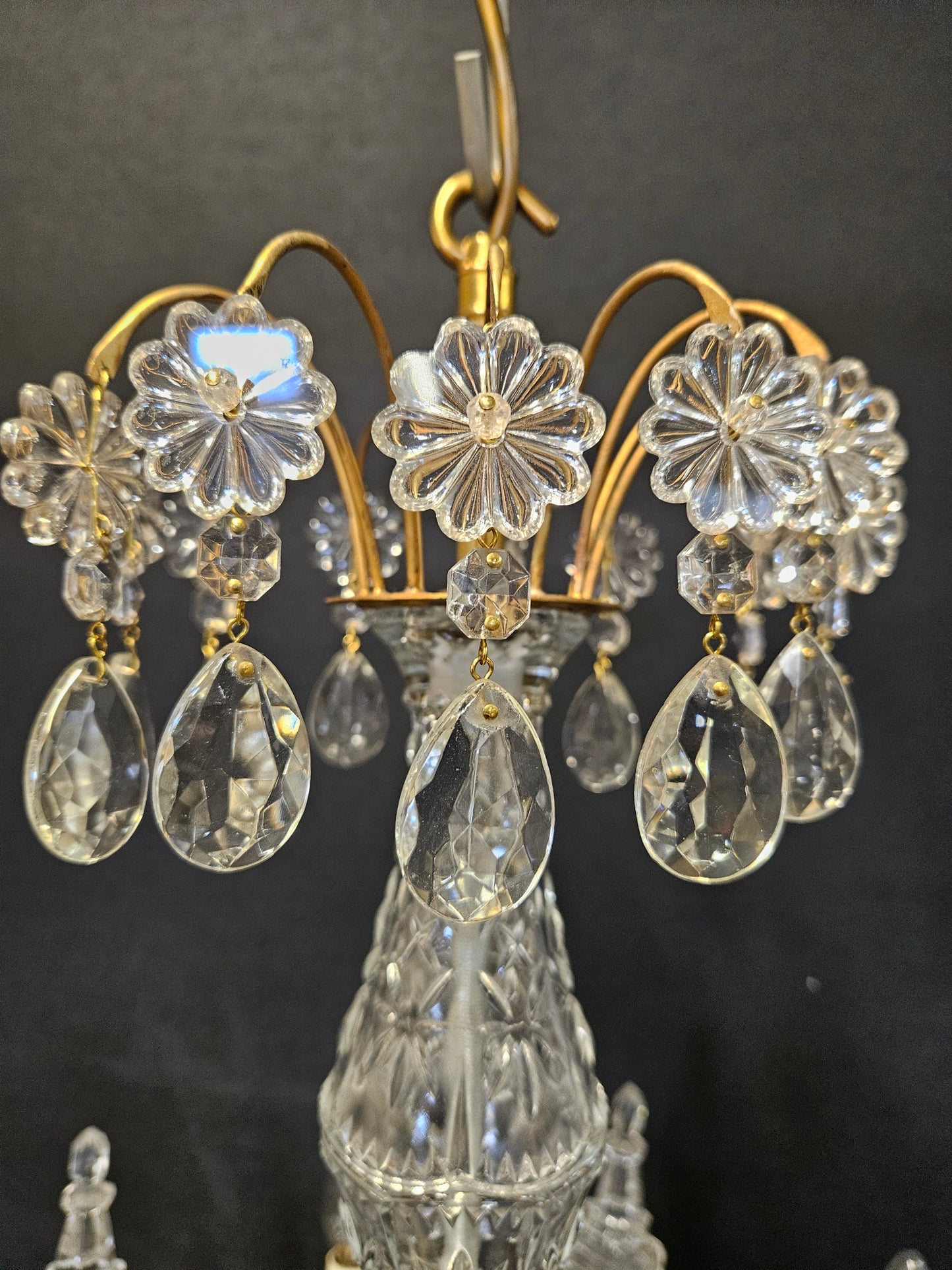 Pair of 6-Arm Brass & Glass Chandeliers CA, 1950