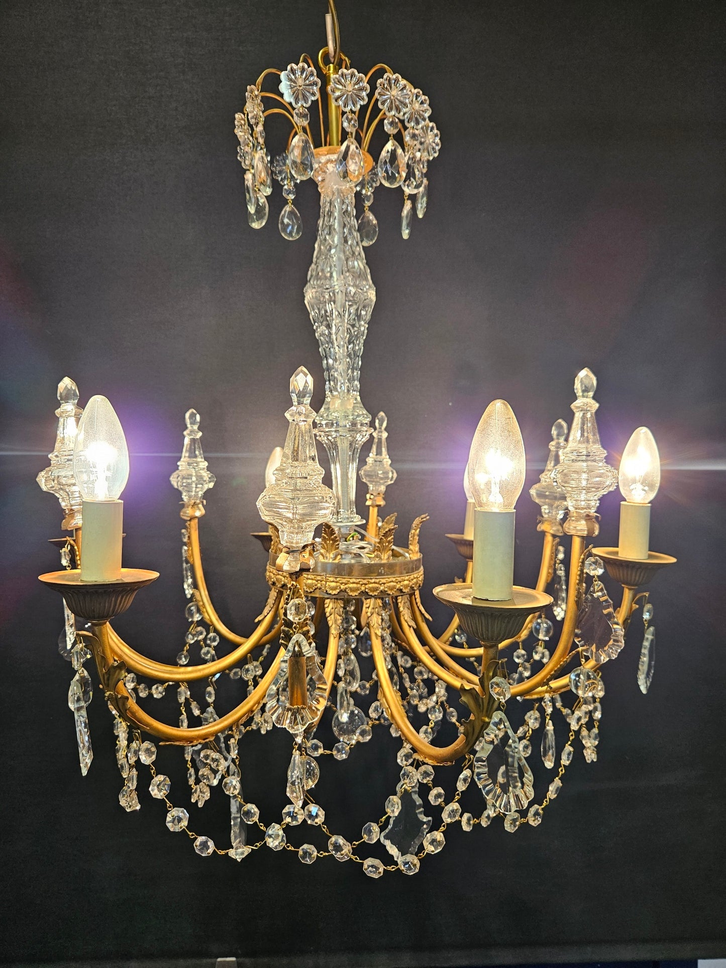 Pair of 6-Arm Brass & Glass Chandeliers CA, 1950