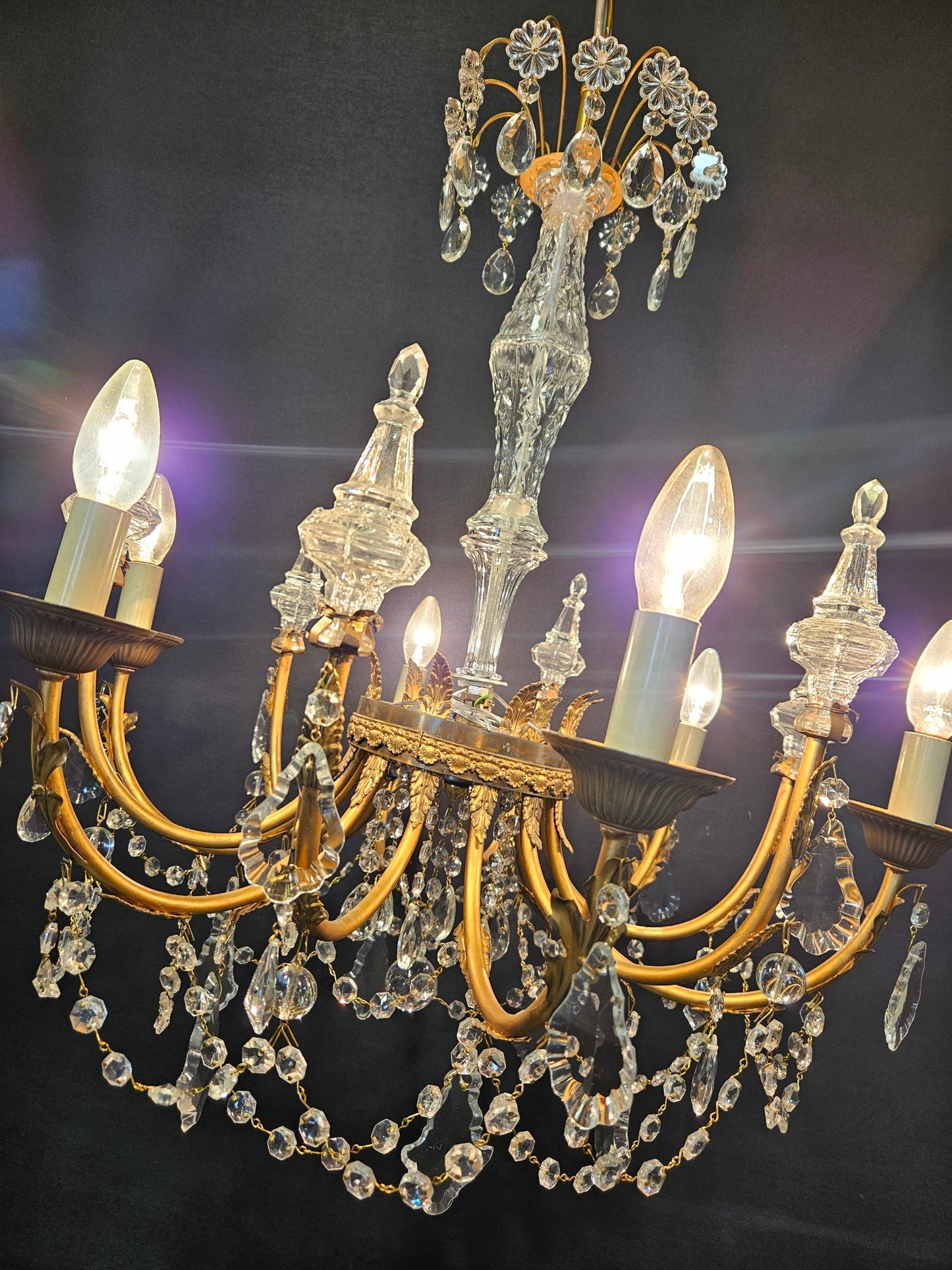 Pair of 6-Arm Brass & Glass Chandeliers CA, 1950