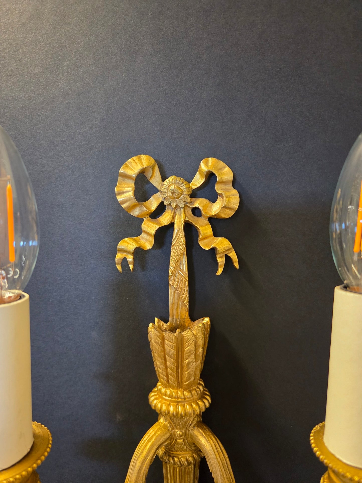 Pair Of 2-Arm Ormolu Wall Lights With Bow & Tassel, CA 1920