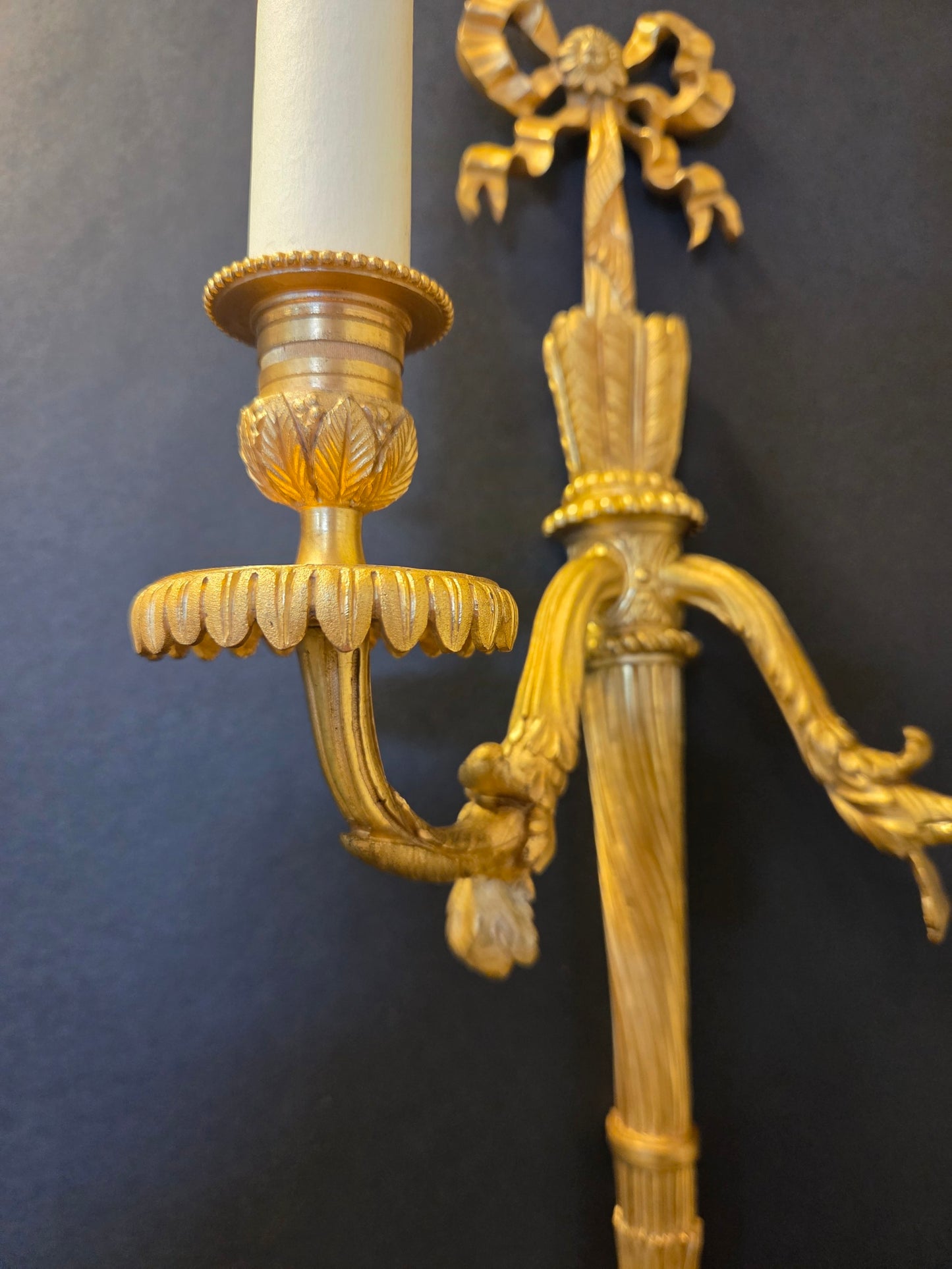 Pair Of 2-Arm Ormolu Wall Lights With Bow & Tassel, CA 1920