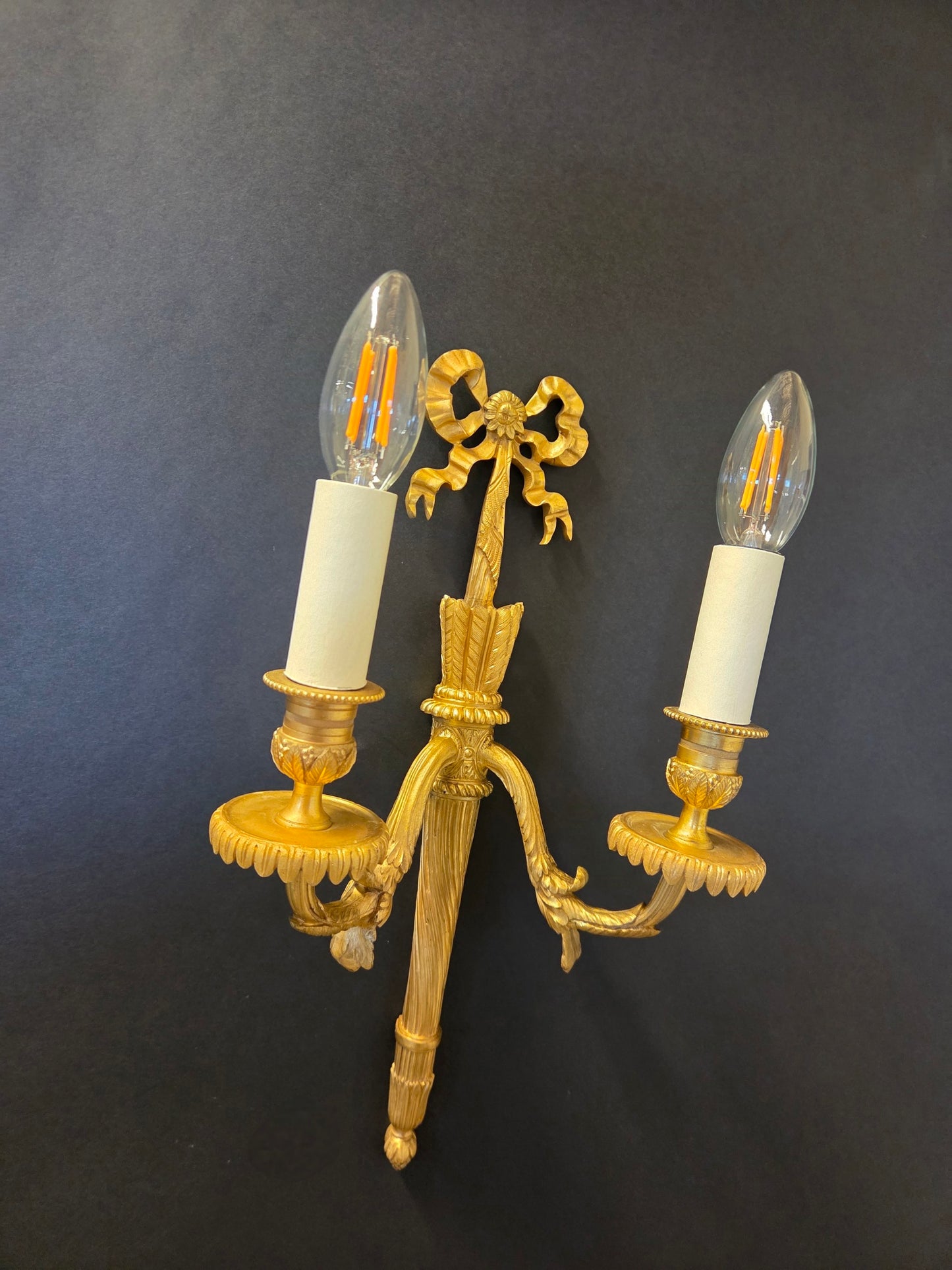 Pair Of 2-Arm Ormolu Wall Lights With Bow & Tassel, CA 1920