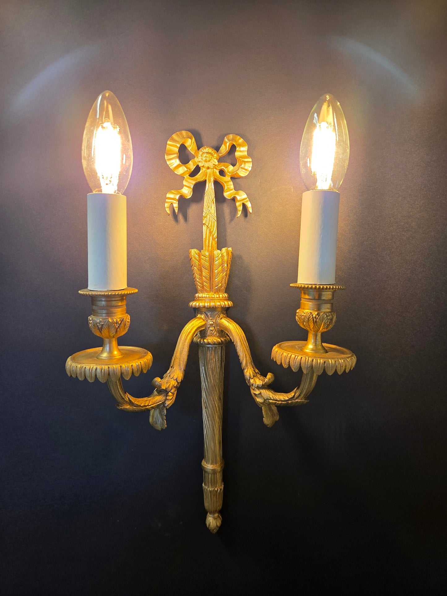 Pair Of 2-Arm Ormolu Wall Lights With Bow & Tassel, CA 1920