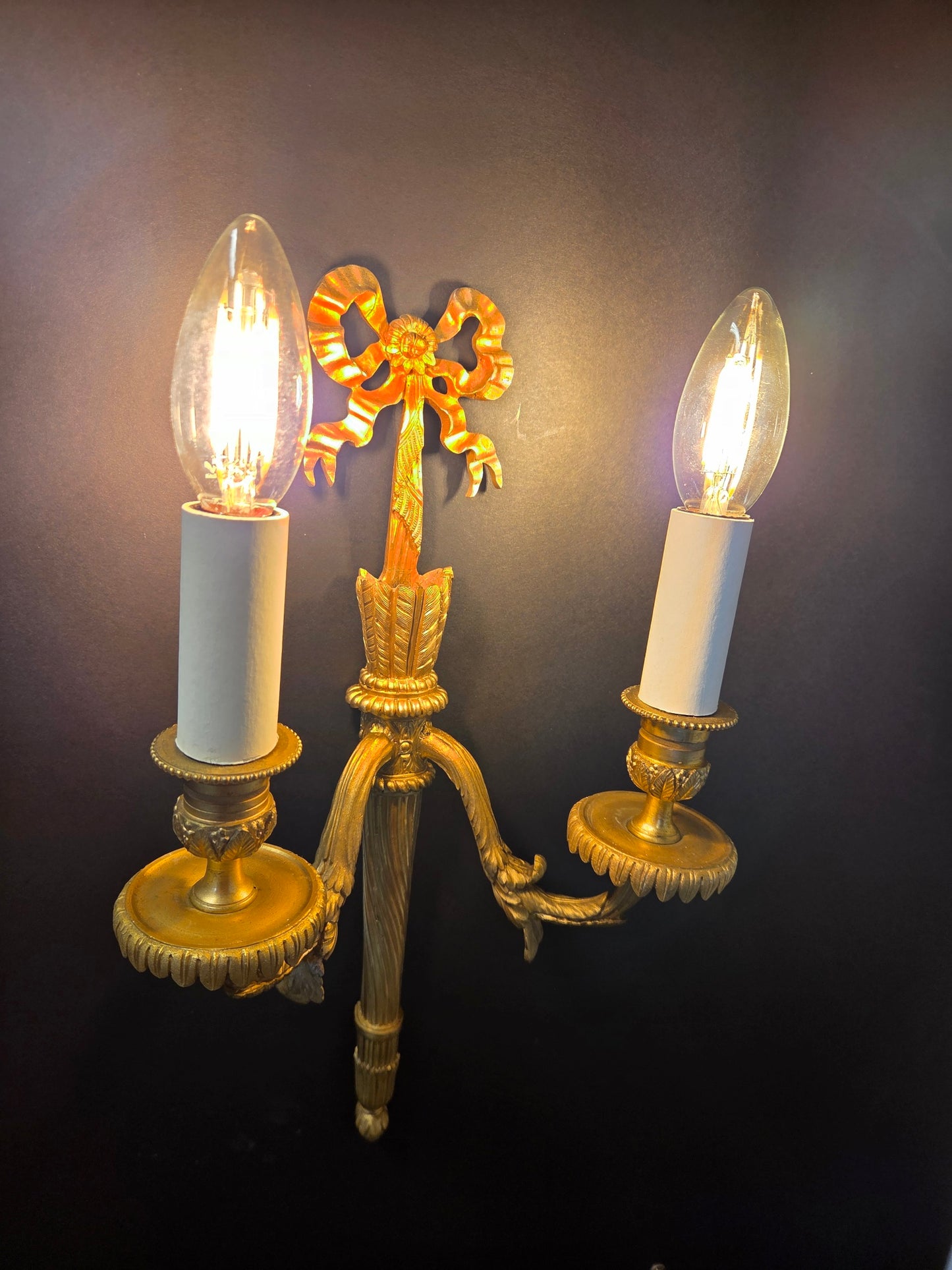 Pair Of 2-Arm Ormolu Wall Lights With Bow & Tassel, CA 1920