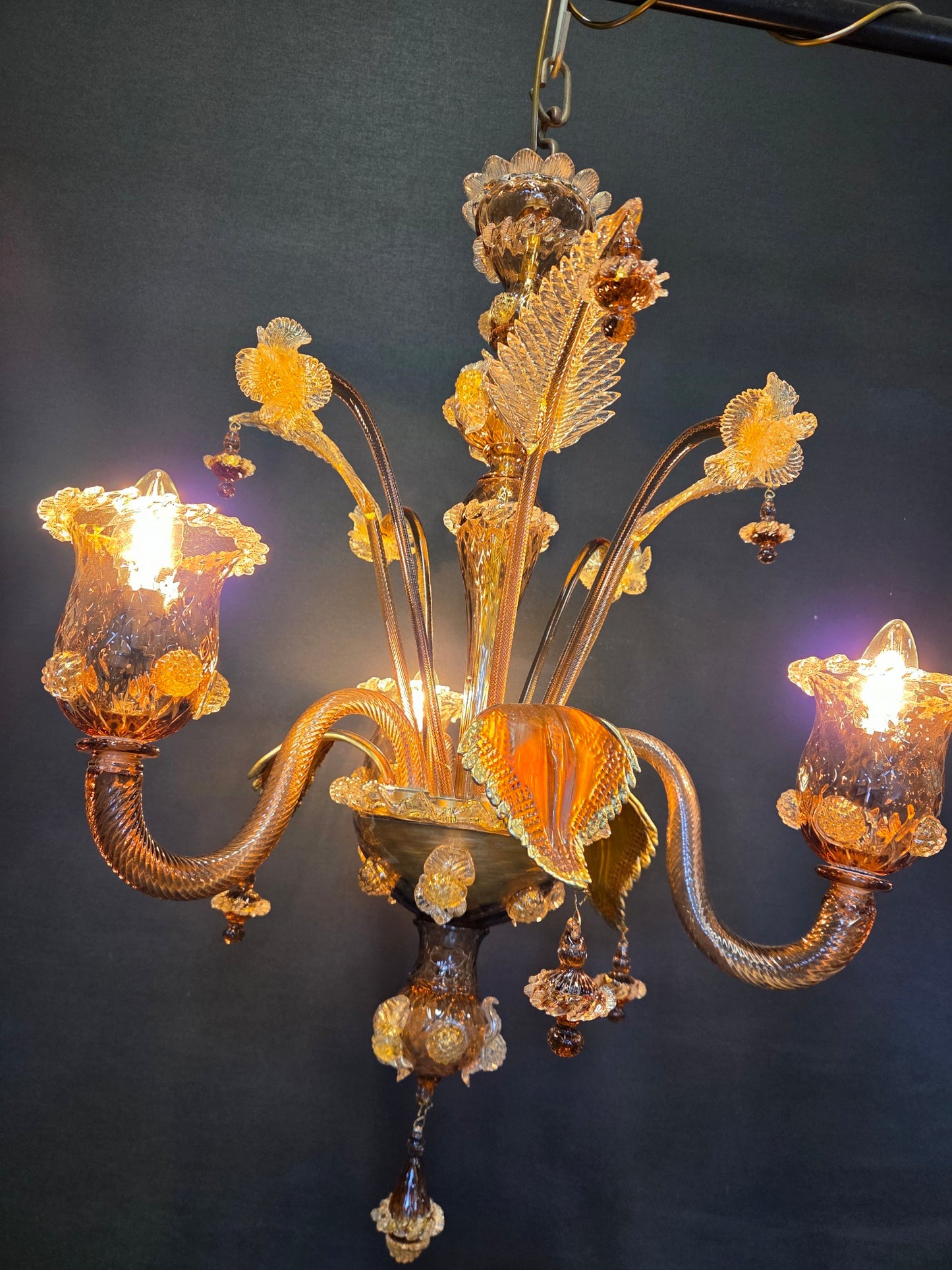 3-Arm Coffee-Coloured Venetian Glass Chandelier, CA. 1950