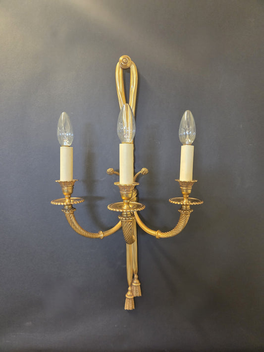 Pair Of 3-Arm “Ribbon Tassel” Brass Wall Lights, CA 1920