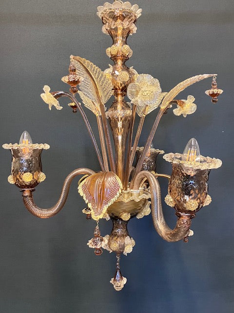 3-Arm Coffee-Coloured Venetian Glass Chandelier, CA. 1950