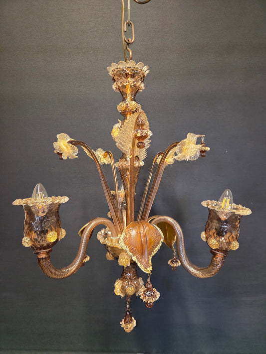 3-Arm Coffee-Coloured Venetian Glass Chandelier, CA. 1950