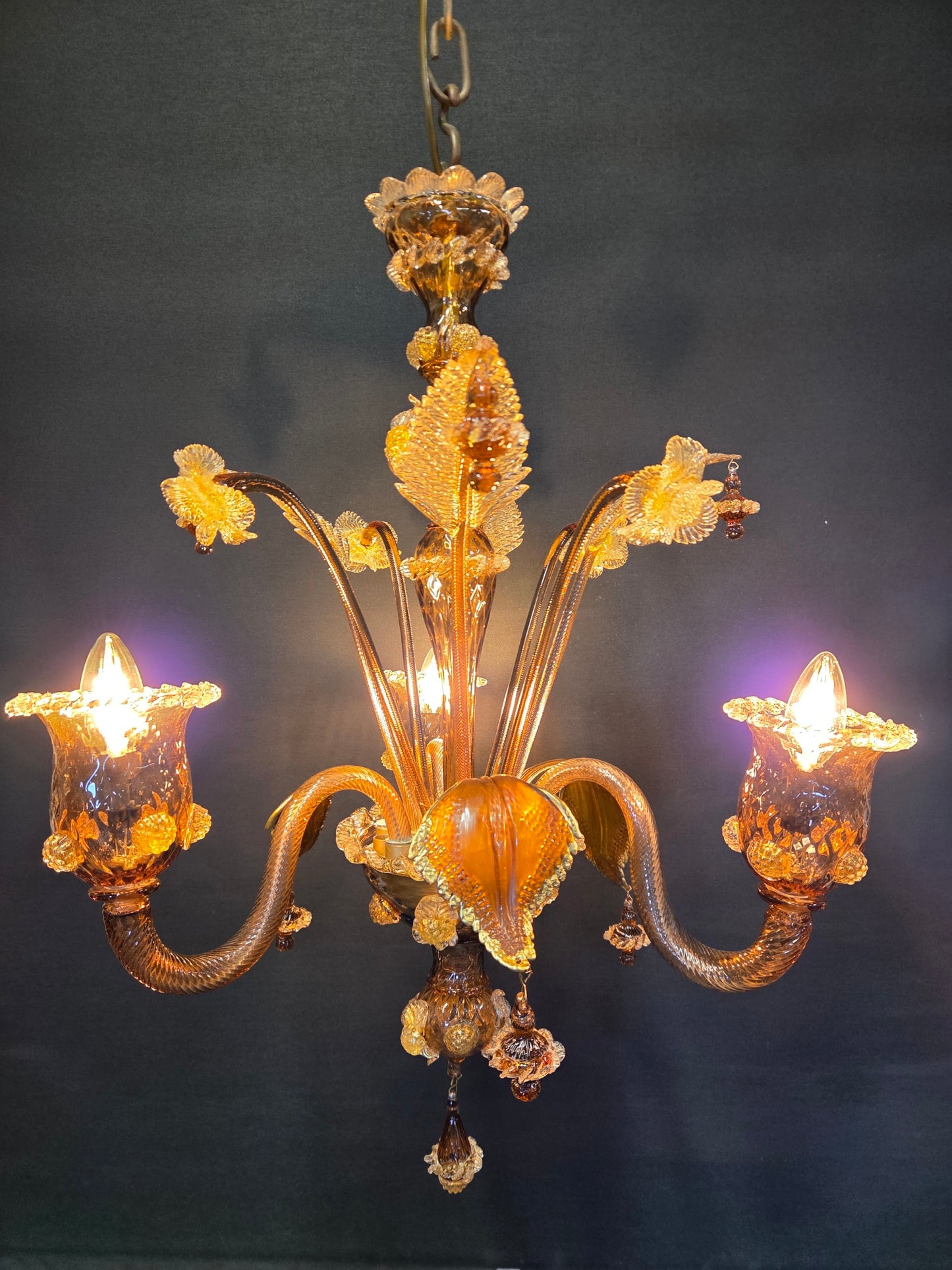 3-Arm Coffee-Coloured Venetian Glass Chandelier, CA. 1950