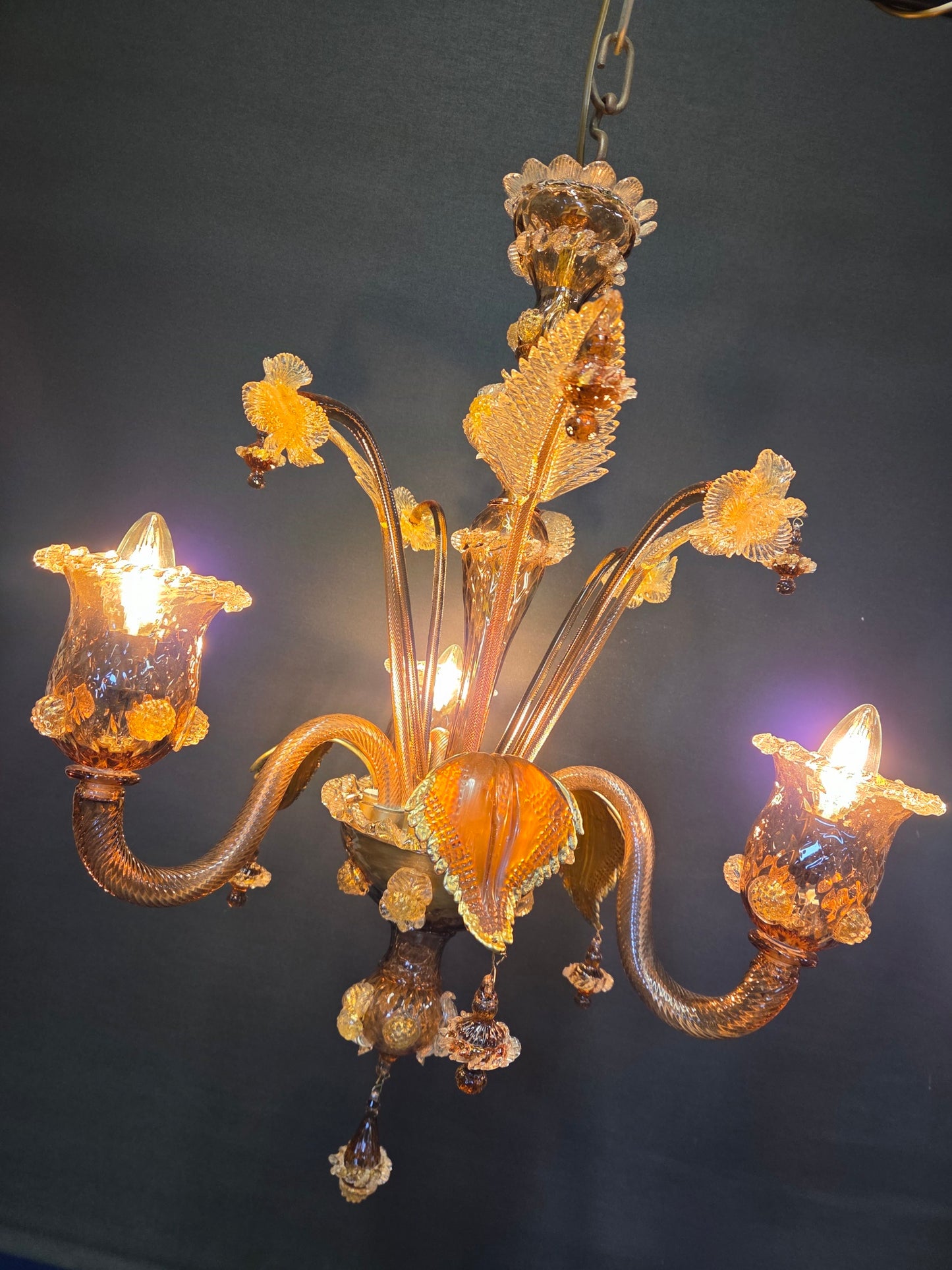 3-Arm Coffee-Coloured Venetian Glass Chandelier, CA. 1950