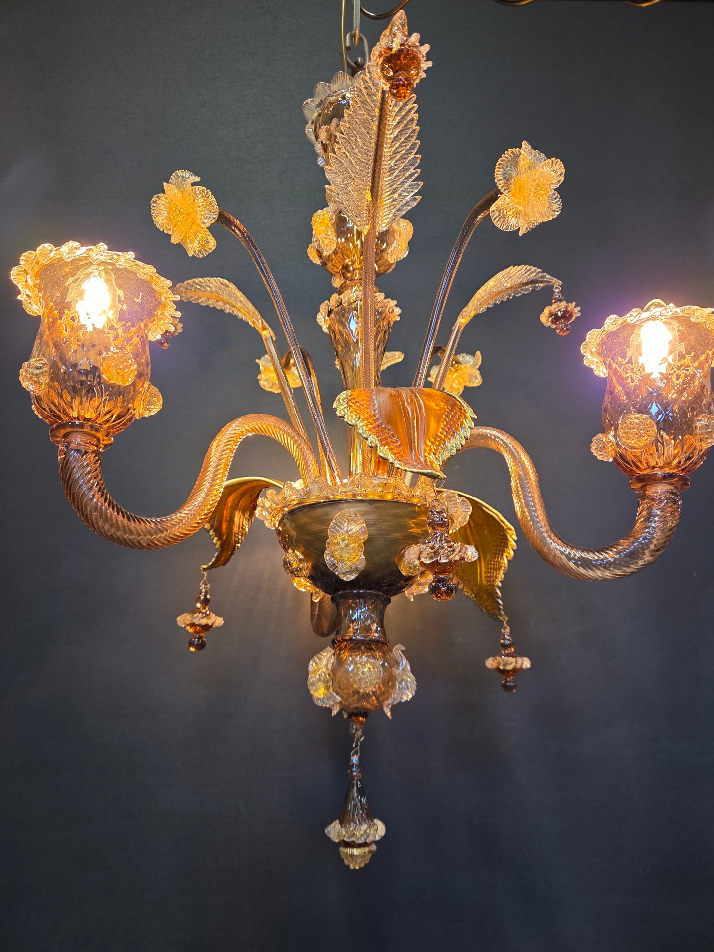 3-Arm Coffee-Coloured Venetian Glass Chandelier, CA. 1950