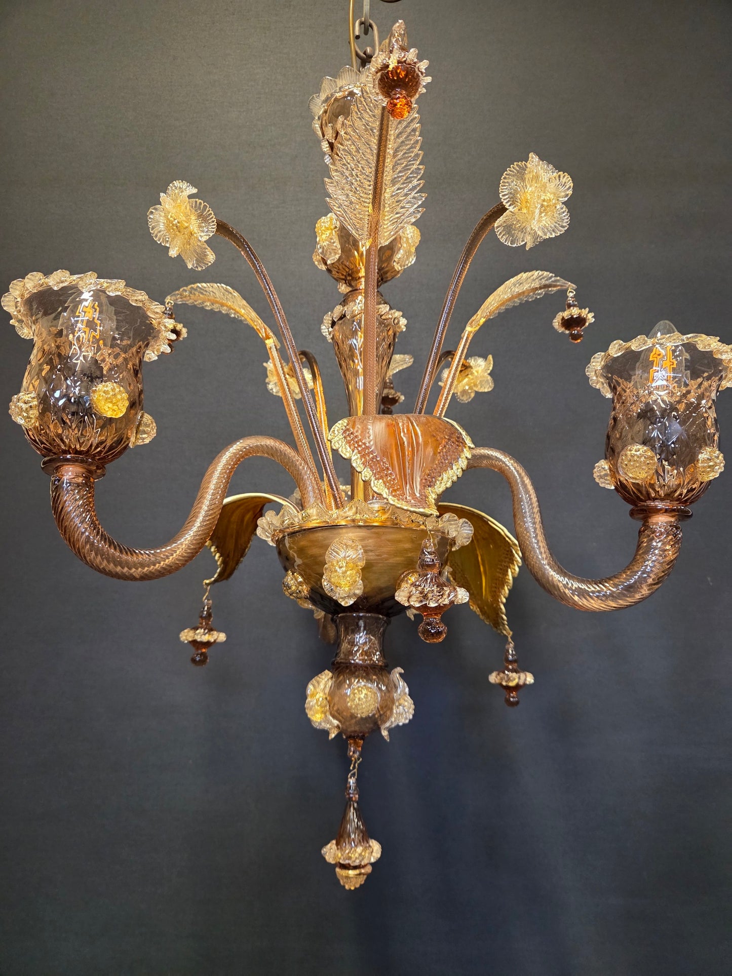 3-Arm Coffee-Coloured Venetian Glass Chandelier, CA. 1950
