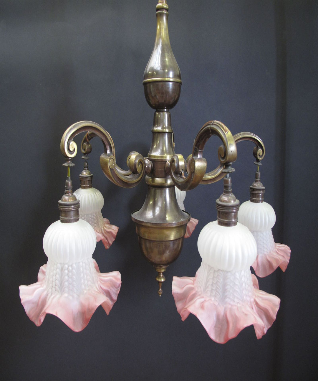 5-Arm Brass Chandelier With Downshades, CA. 1930