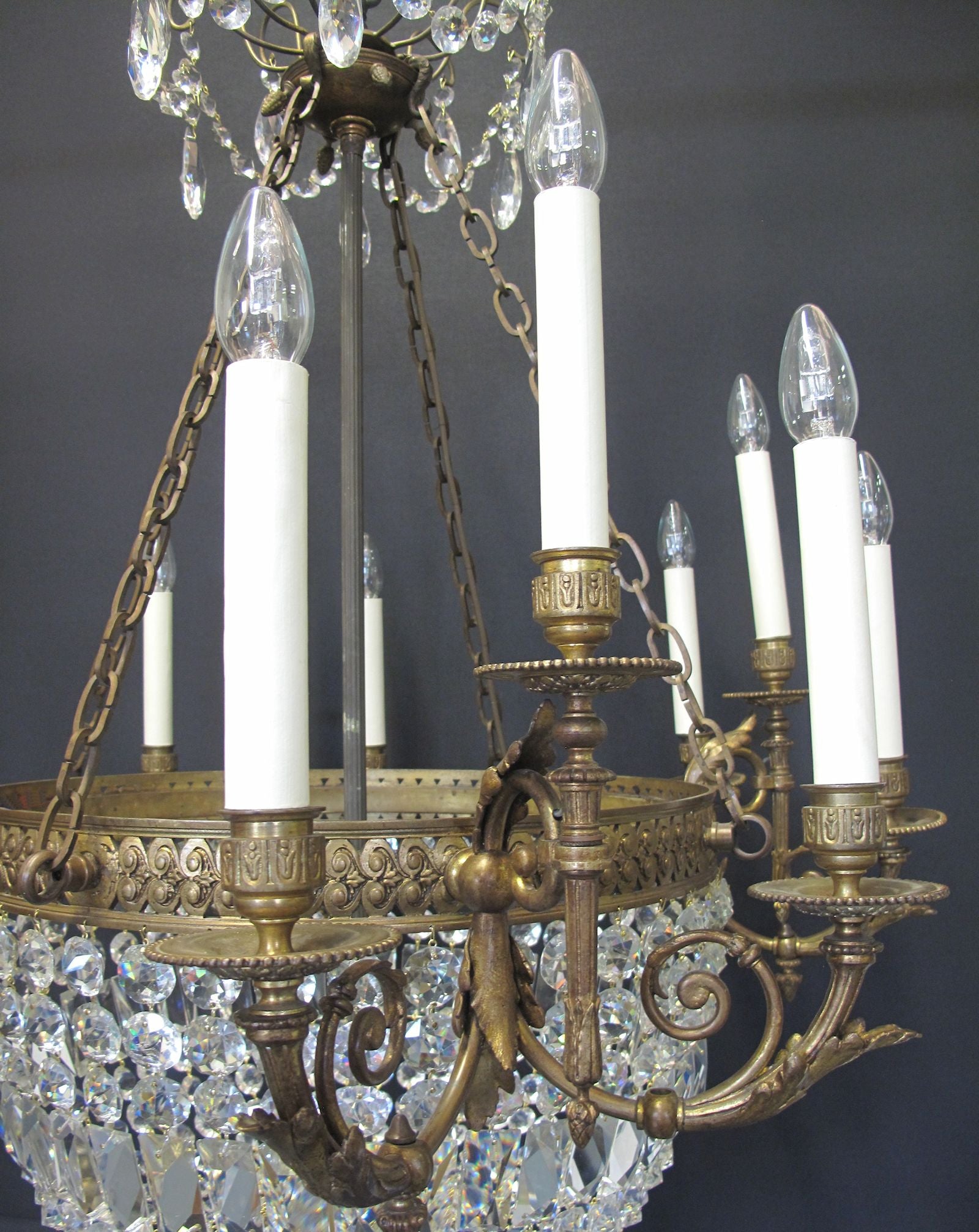 12 light ormolu and glass chandelier, side on view