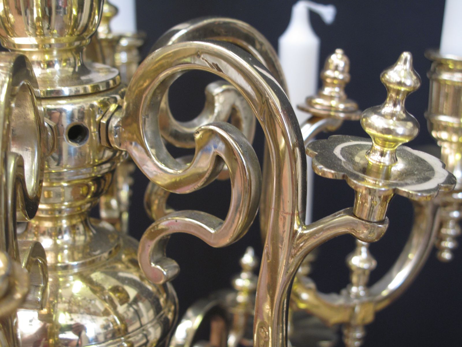 12 Arm Dutch Chandelier, polished and lacquered.