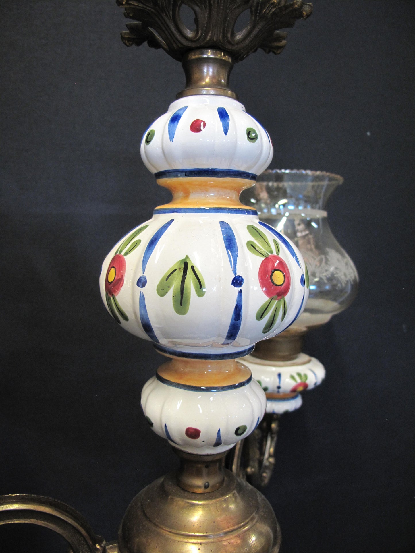 3 Arm brass & ceramic chandelier, close up of the ceramic