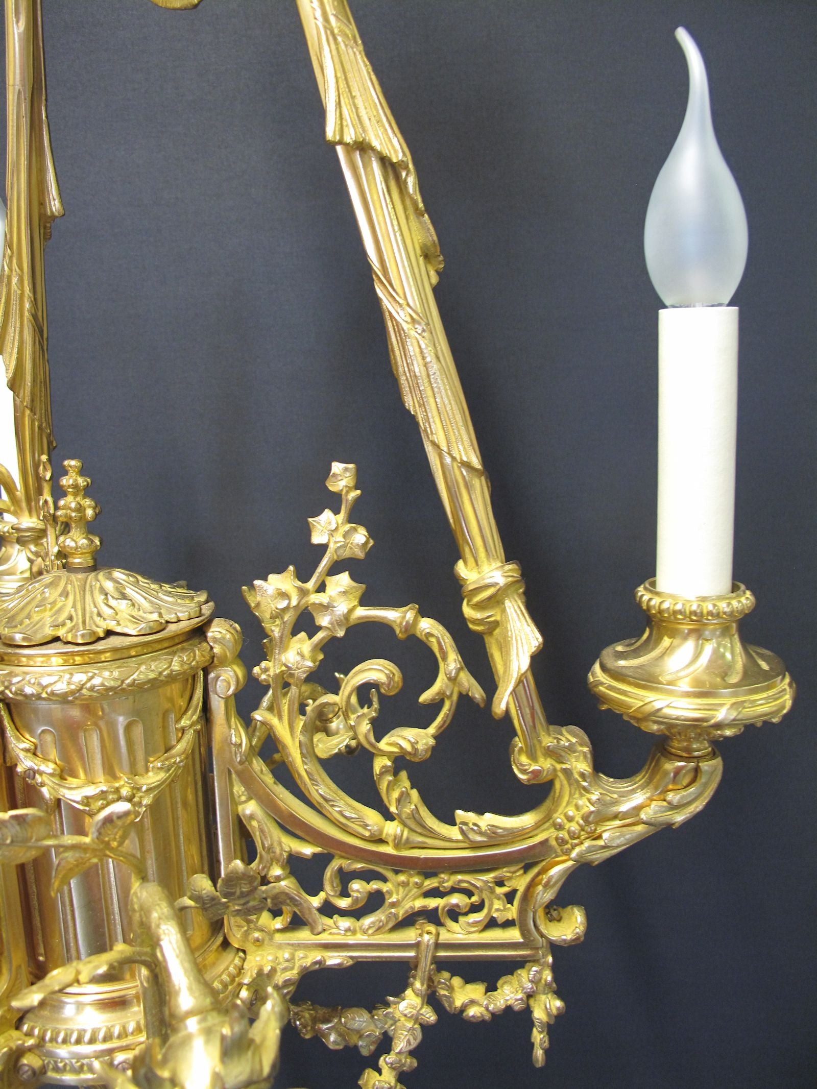 3 arm polished brass chandelier, arm view