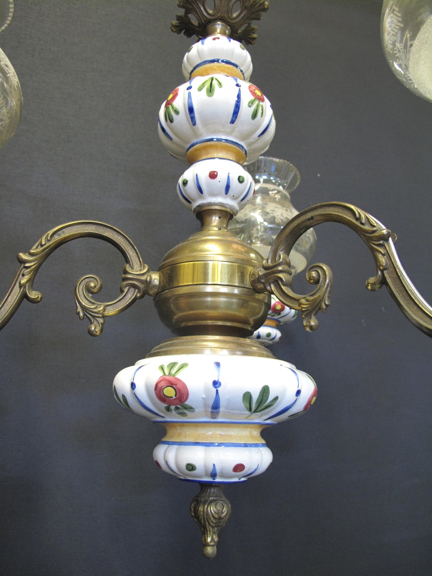 3 Arm brass & ceramic chandelier, full stem
