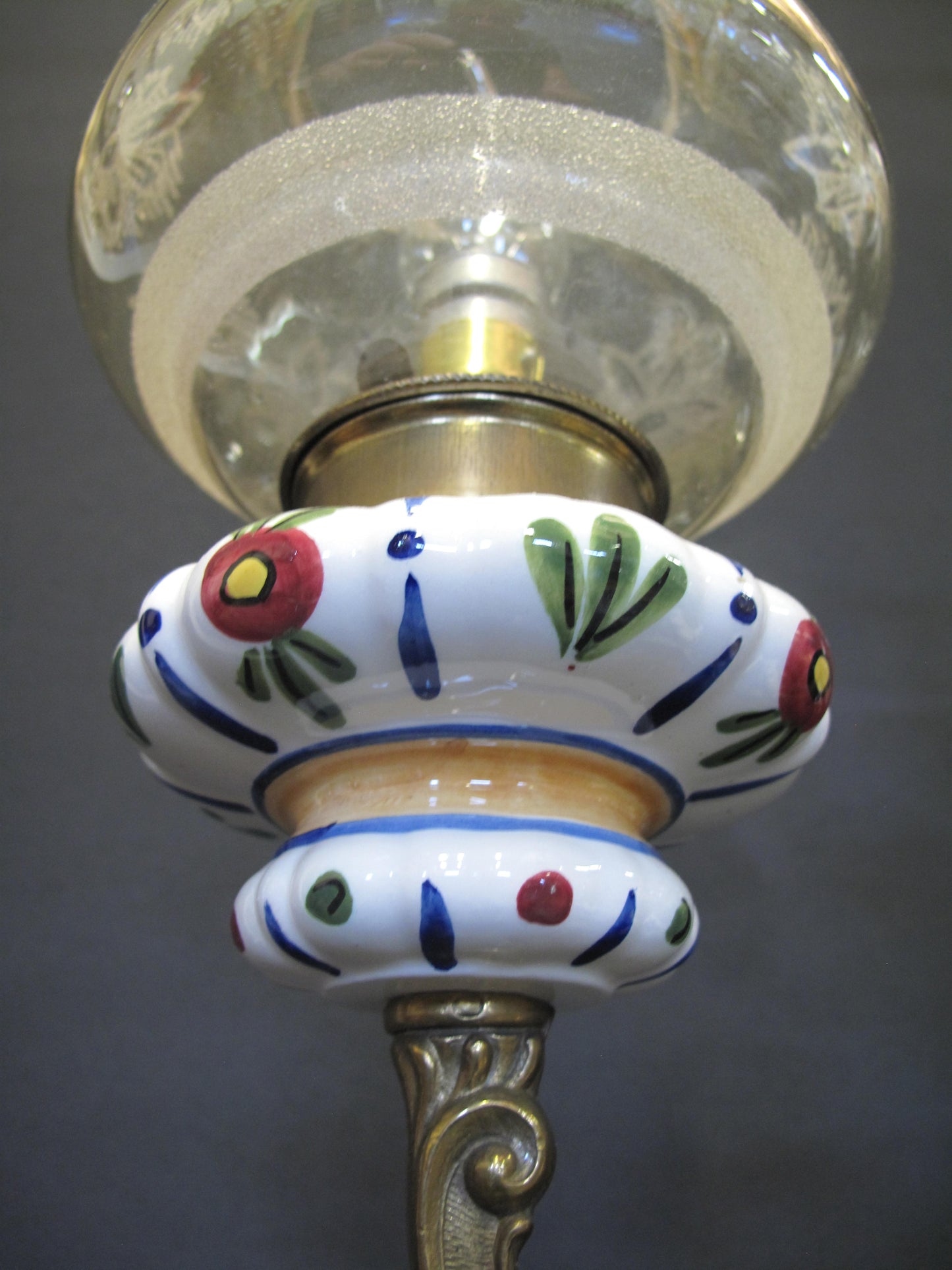 3 Arm brass & ceramic chandelier, arm with shade 
