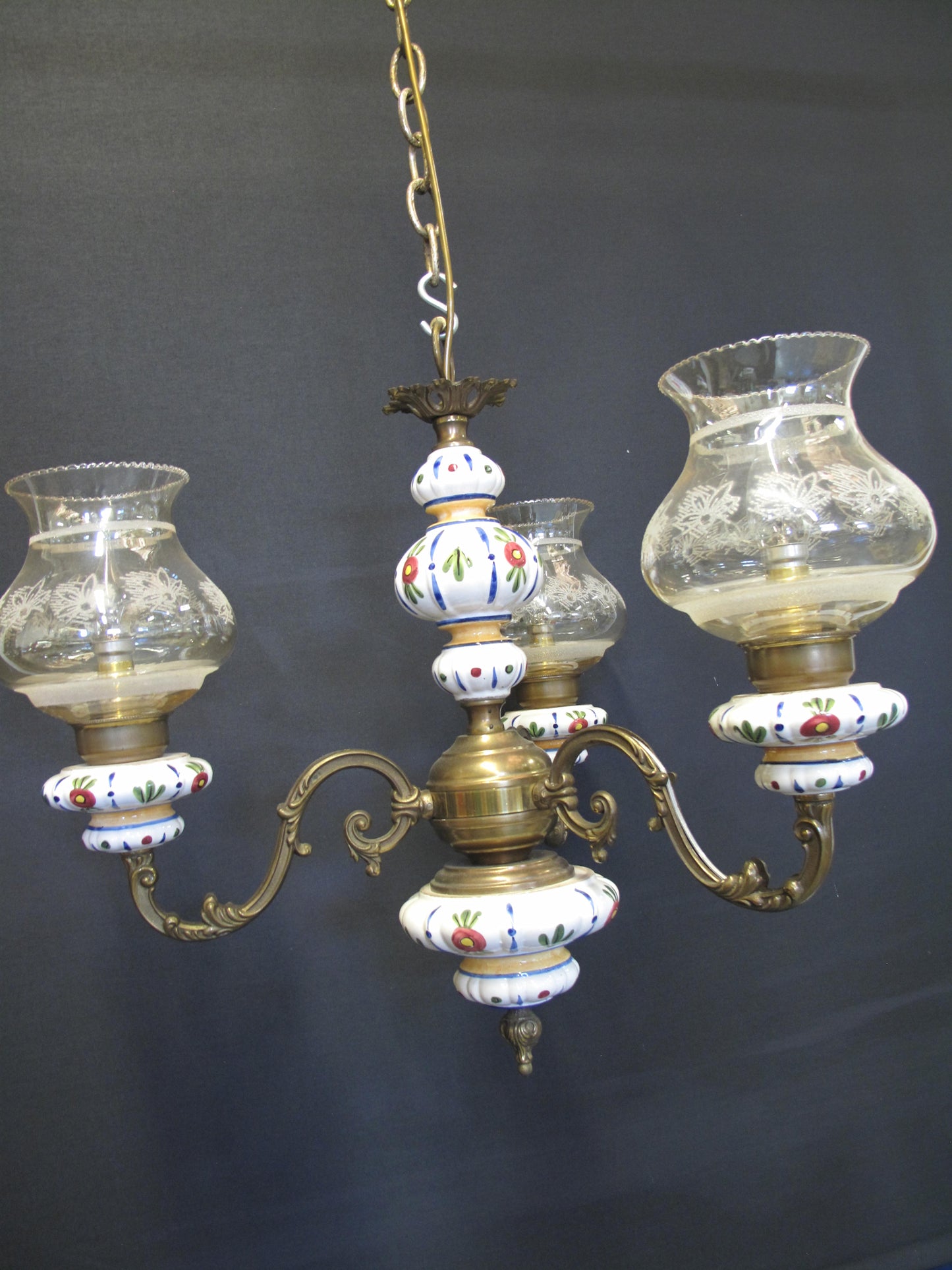 3 Arm brass & ceramic chandelier, angled view
