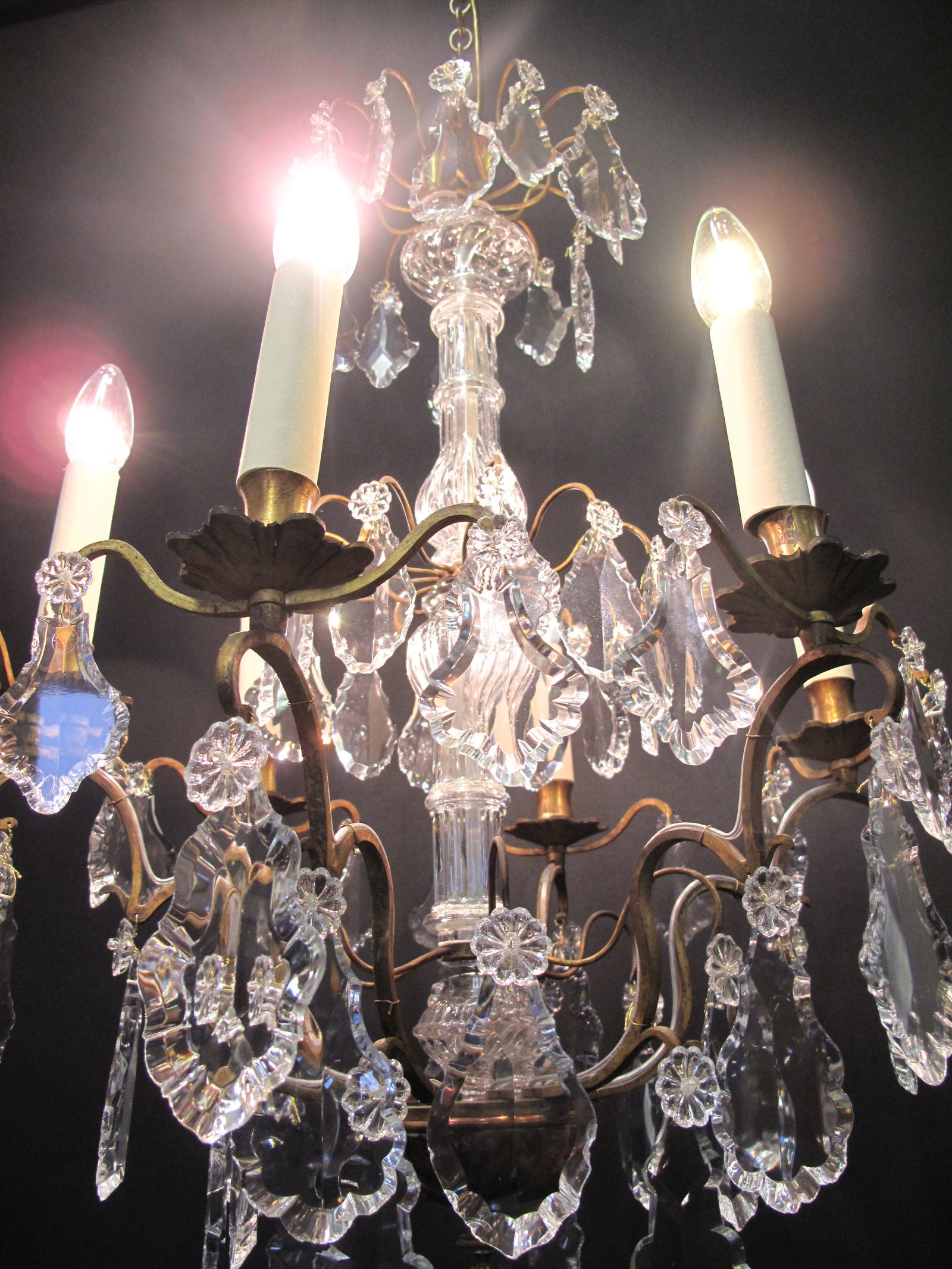chandelier lit up close in