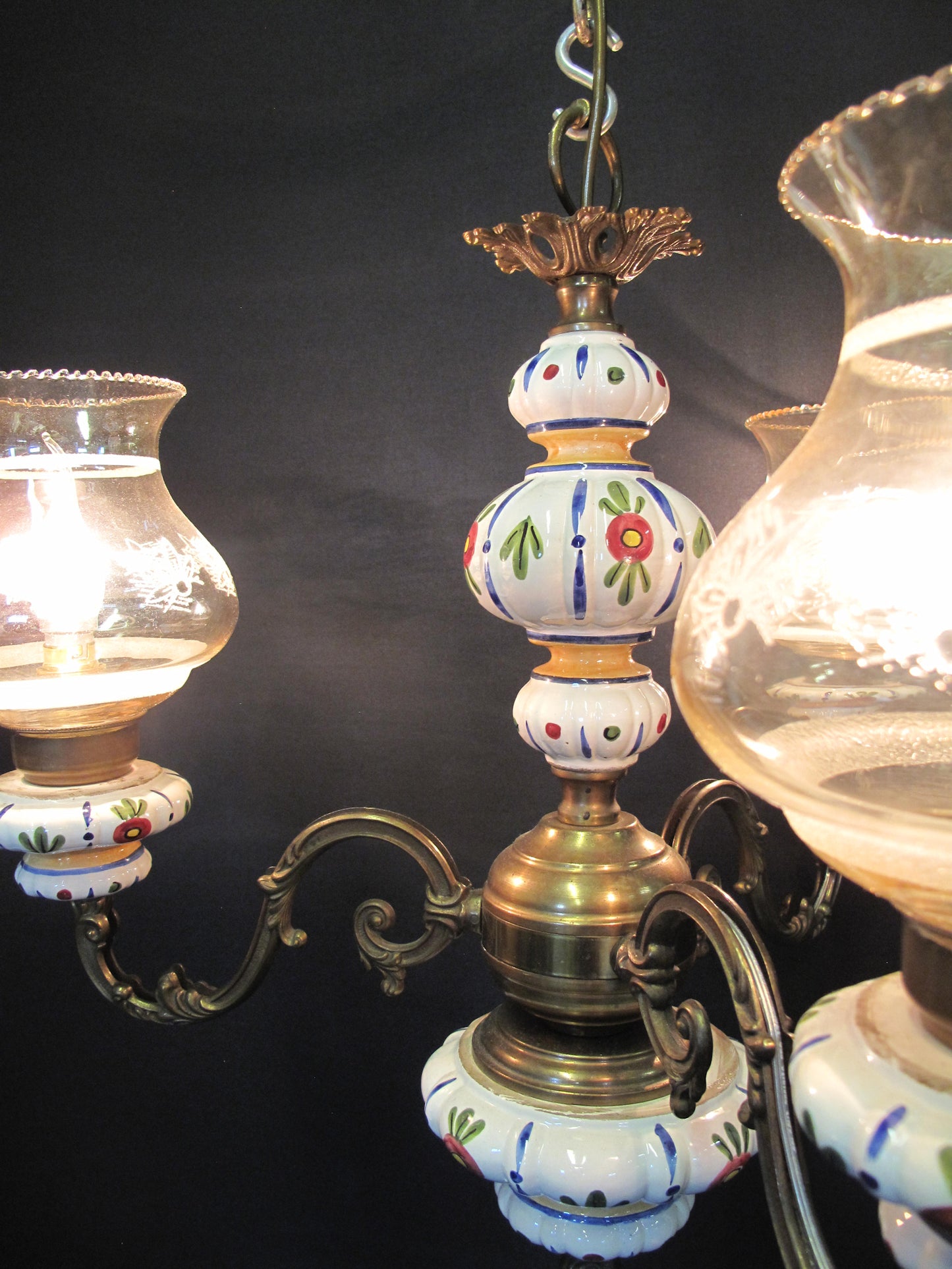 3 Arm brass & ceramic chandelier, lit with shades