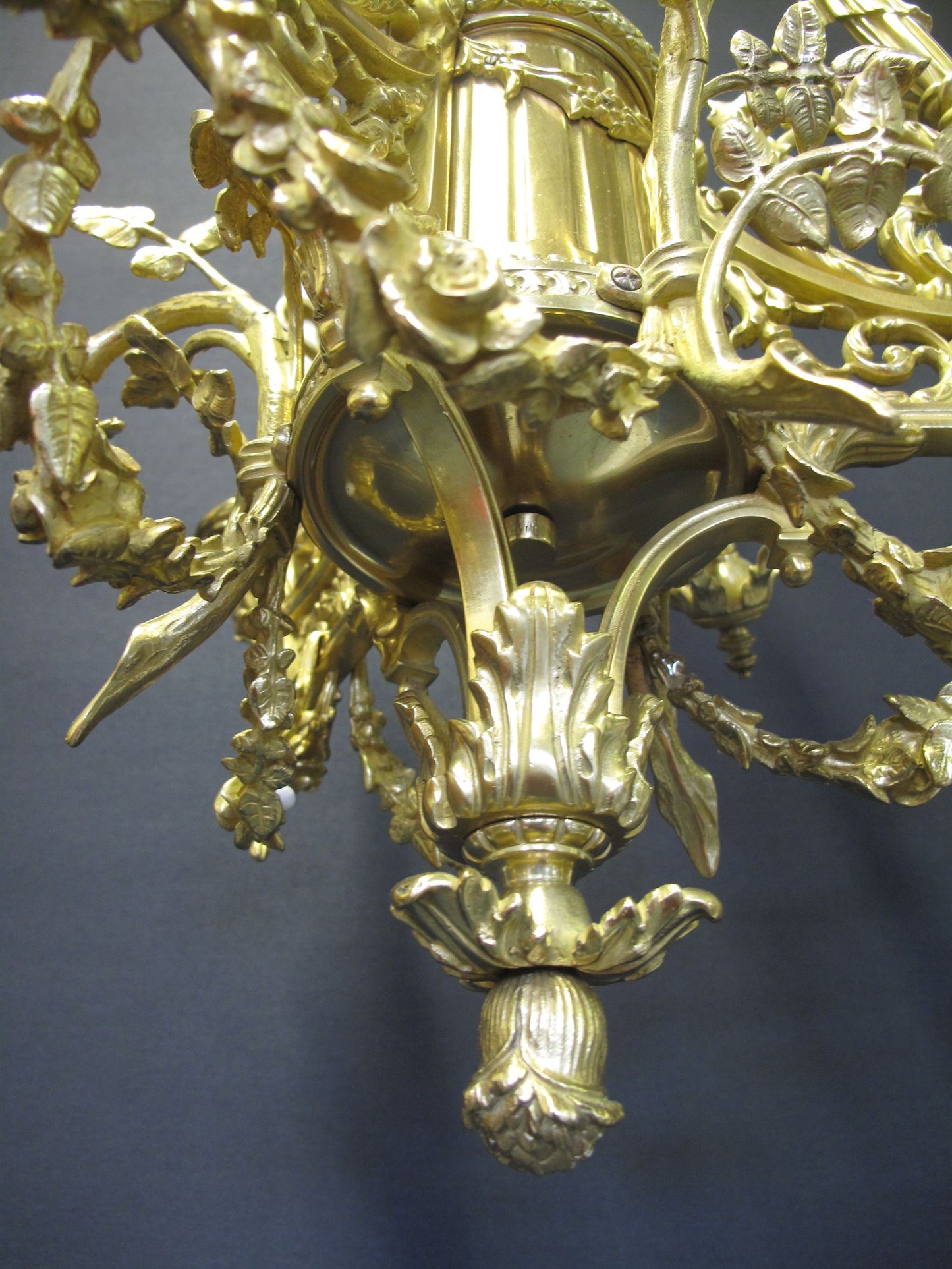 3 arm polished brass chandelier, from the bottom
