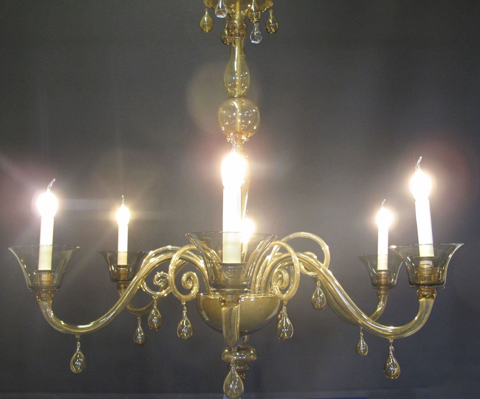 front view with chandelier lit