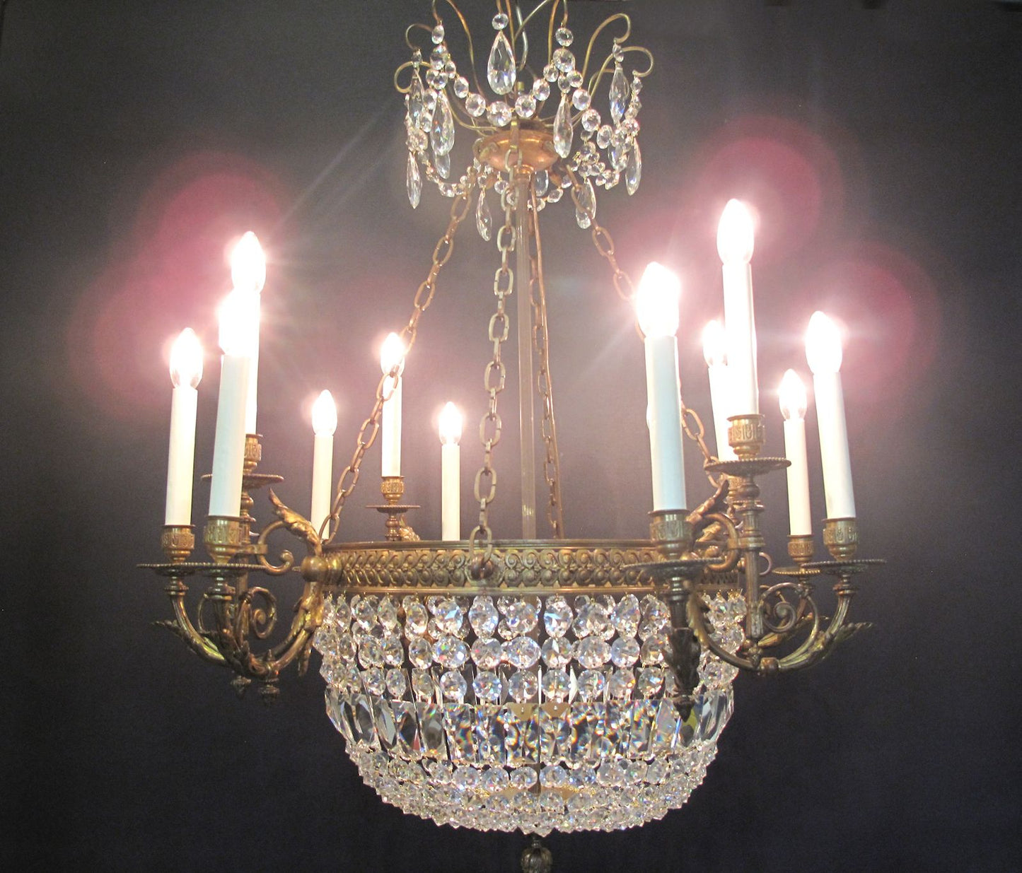 12 light ormolu and glass chandelier, lit up