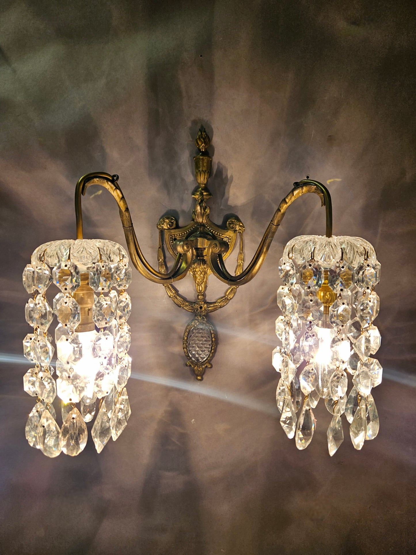 Pair Of 2-Arm Wall Lights With Cut-Glass Strings & Medallions, CA. 1910