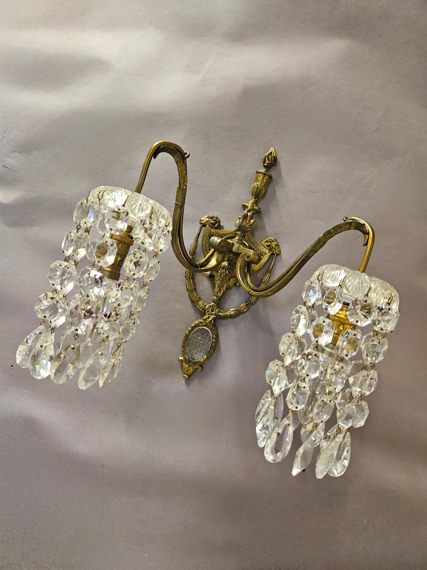 Pair Of 2-Arm Wall Lights With Cut-Glass Strings & Medallions, CA. 1910