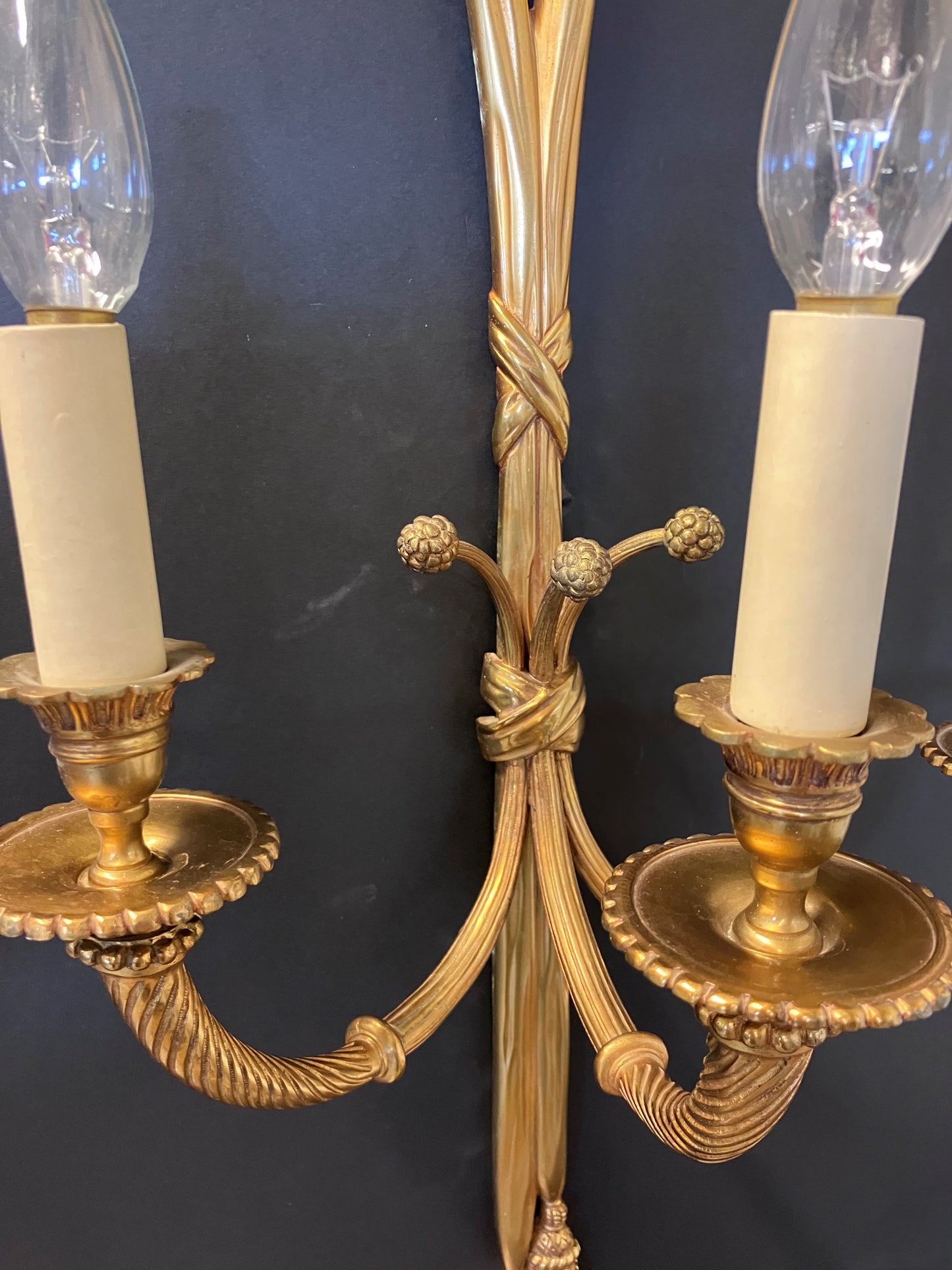 Pair Of 3-Arm “Ribbon Tassel” Brass Wall Lights, CA 1920