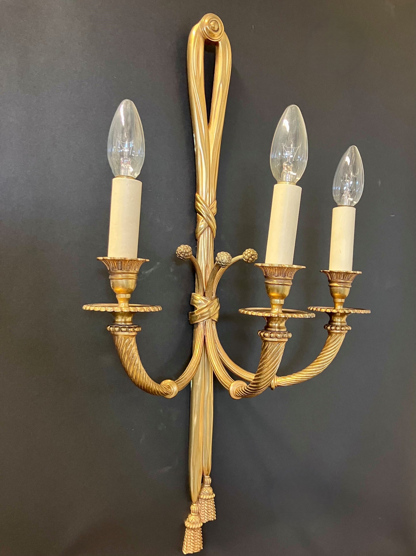 Pair Of 3-Arm “Ribbon Tassel” Brass Wall Lights, CA 1920