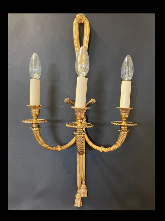 Pair of 3-Arm “Ribbon Tassel” Brass Wall Lights, CA 1920