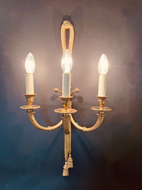 Pair Of 3-Arm “Ribbon Tassel” Brass Wall Lights, CA 1920