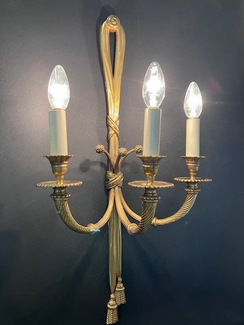 Pair Of 3-Arm “Ribbon Tassel” Brass Wall Lights, CA 1920