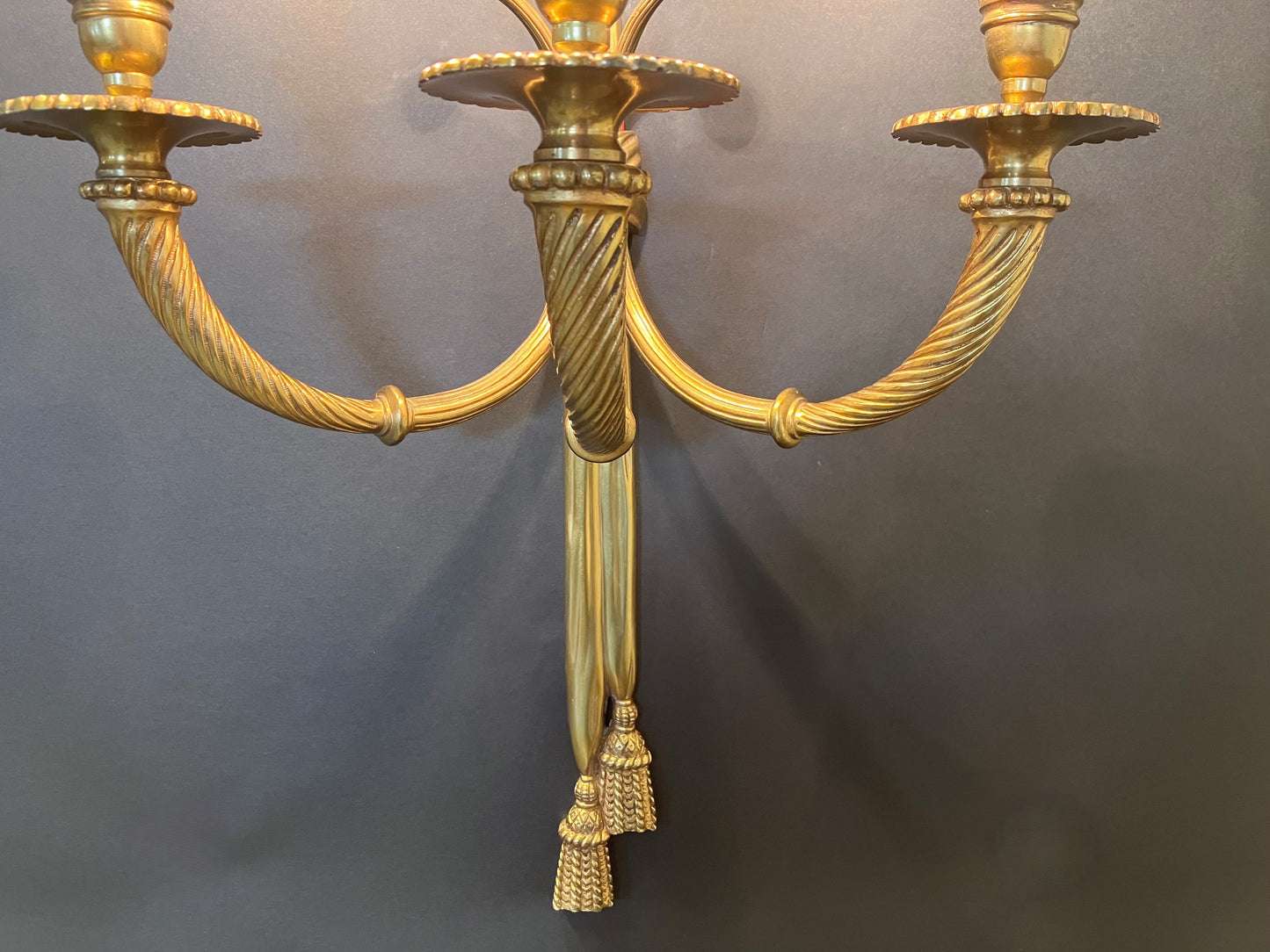 Pair Of 3-Arm “Ribbon Tassel” Brass Wall Lights, CA 1920