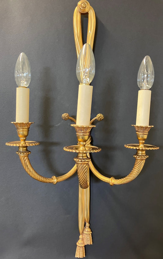 Pair Of 3-Arm “Ribbon Tassel” Brass Wall Lights, CA 1920